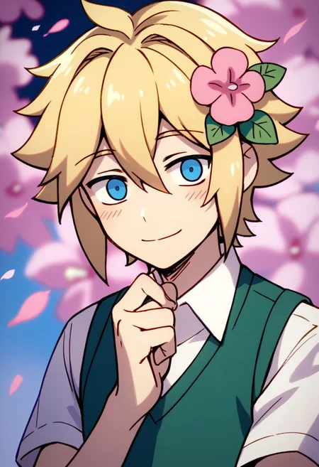 score_9,score_8_up,score_7_up,source_anime, BASIL (real world),solo,looking at viewer,blush,smile,short hair,blue eyes,shirt,blonde hair,hair ornament,1boy,hair between eyes,closed mouth,white shirt,upper body,male focus,flower,short sleeves,collared shirt,hair flower,vest,pink flower,sweater vest