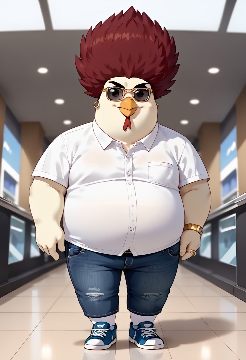score_7_up, score_8_up, score_9, Emiliano Padron, chicken, 1boy, solo, male, beak, crest, red hair, spiked hair, White feathers, plump, slightly chubby, shortstack, belly, looking at viewer, smiling, HD, Masterpiece, mall, jeans, White polo shirt, sunglasses on the head, smiling, smile, gold rings, sneakers, walking, hand on coffee cup, holding a coffee cup, front shot