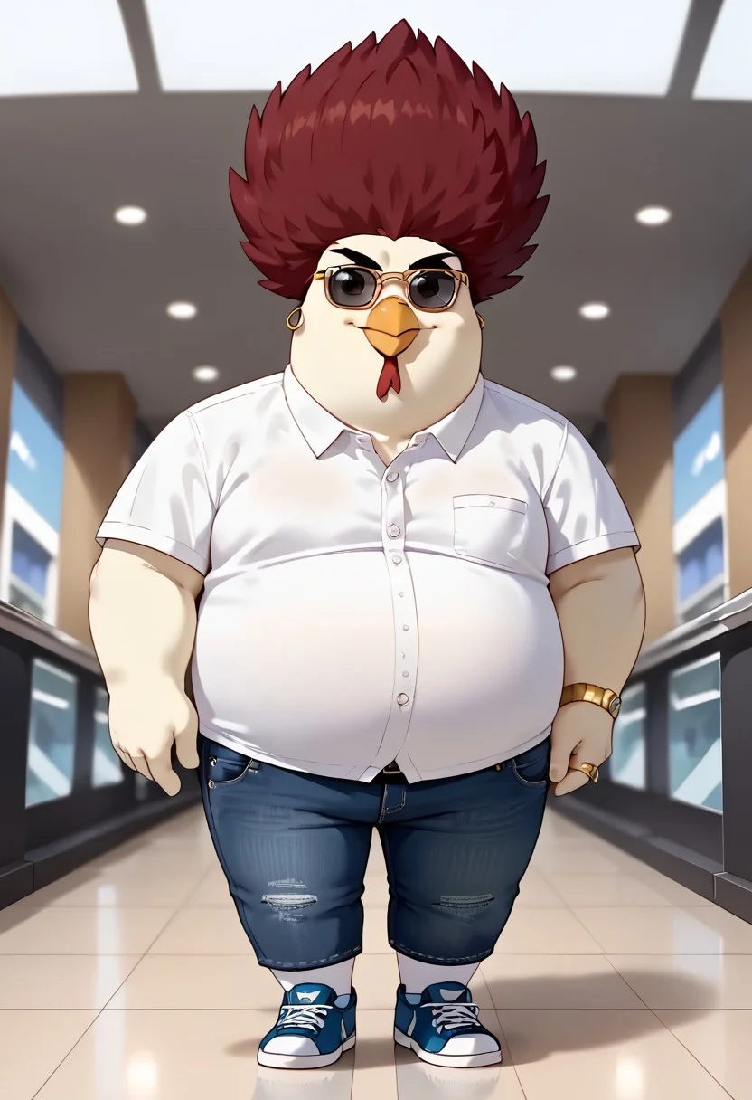 score_7_up, score_8_up, score_9, Emiliano Padron, chicken, 1boy, solo, male, beak, crest, red hair, spiked hair, White feathers, plump, slightly chubby, shortstack, belly, looking at viewer, smiling, HD, Masterpiece, mall, jeans, White polo shirt, sunglasses on the head, smiling, smile, gold rings, sneakers, walking, hand on coffee cup, holding a coffee cup, front shot