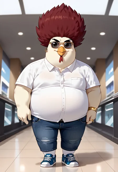 score_7_up, score_8_up, score_9, Emiliano Padron, chicken, 1boy, solo, male, beak, crest, red hair, spiked hair, White feathers, plump, slightly chubby, shortstack, belly, looking at viewer, smiling, HD, Masterpiece, mall, jeans, White polo shirt, sunglasses on the head, smiling, smile, gold rings, sneakers, walking, hand on coffee cup, holding a coffee cup, front shot