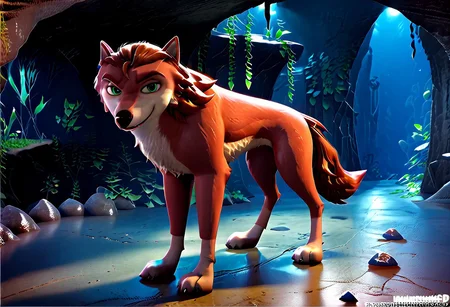 score_9_up, score_8_up, score_7_up, score_6_up, score_5_up, Garth, wolf, feral, looking at the viewer, full body, smooth, 3d, cave, night, rocks, lots of rocks, 1male, green eyes,