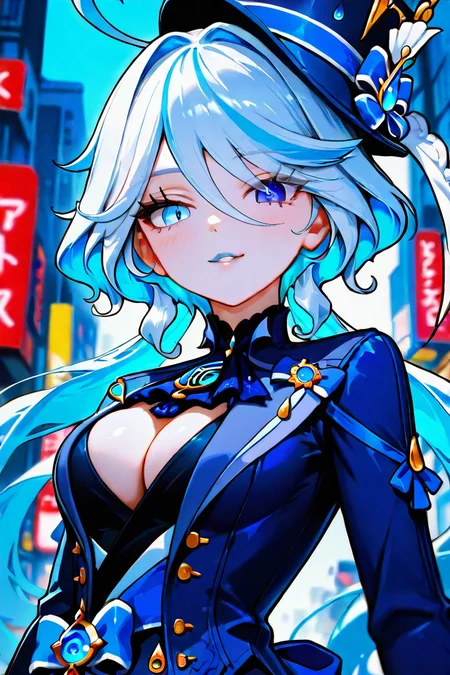 <lora:detail_eyes:0.5>, <lora:Eyes of the Beholder:1>, score_9, score_8_up,score_7_up, absurdres, 1girl, outdoors background, highres, furina_(genshin impact), genshin impact, (open mouth), hat bow, long sleeves, sexy, cute, kawaii, hair intakes, looking at viewer, blush, solo, upper body, big breasts, standing, (parted lips), seductive smile, cleavage, seductive face, seductive eyes, ultra detail eyes, ultra detail face, ultra detail body, <lora:Furina ApexThunderAi PonyXL-10:0.7>, source_anime, masterpiece, Expressiveh, perfect body, perfect face, perfecteyes, sexy girls, beautiful eyes, petite body, slim body, posing, dynamic angle, rating questionable, thick body, incredibly detailed, (extremely detailed face and eyes: 1.2), Expressiveh, very detailed facial features, seductive, perfect face, cute, perfect hands, very cute, shiny skin, perfect face, horny, kinky, coy, suggestive, HD32K, purple dress, blue lips, twintails, kubrick stare, cold look, looking back, floating hair, face, portrait, dutch angle, from below, A night view of the city, illuminated by skyscrapers., from behind, blurry background, blurry foreground, face, portrait, dutch angle, dark, chiaroscuro, BREAK masterpiece,best quality, amazing quality, very aesthetic, absurdres, newest,