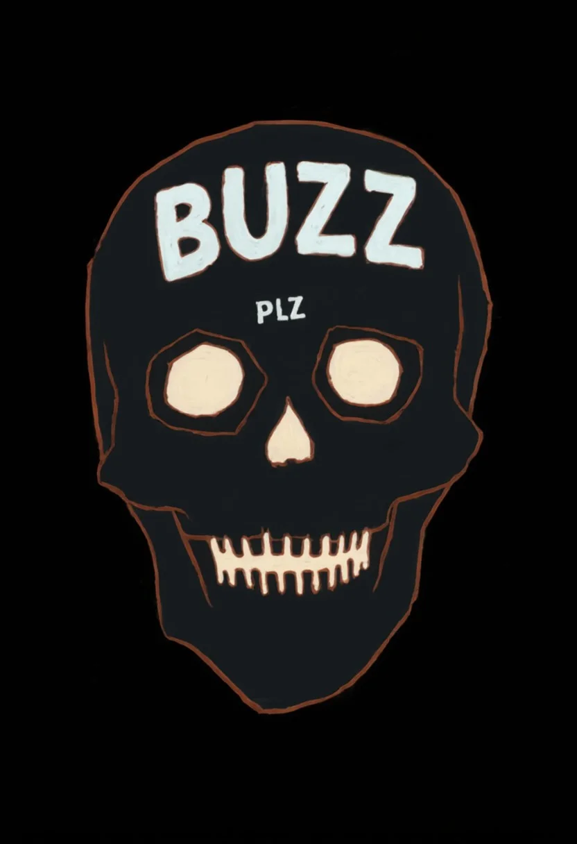 art by kumagaiM, dark background, white skull says "BUZZ PLZ"
