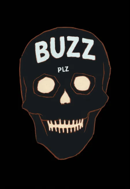 art by kumagaiM, dark background, white skull says "BUZZ PLZ"