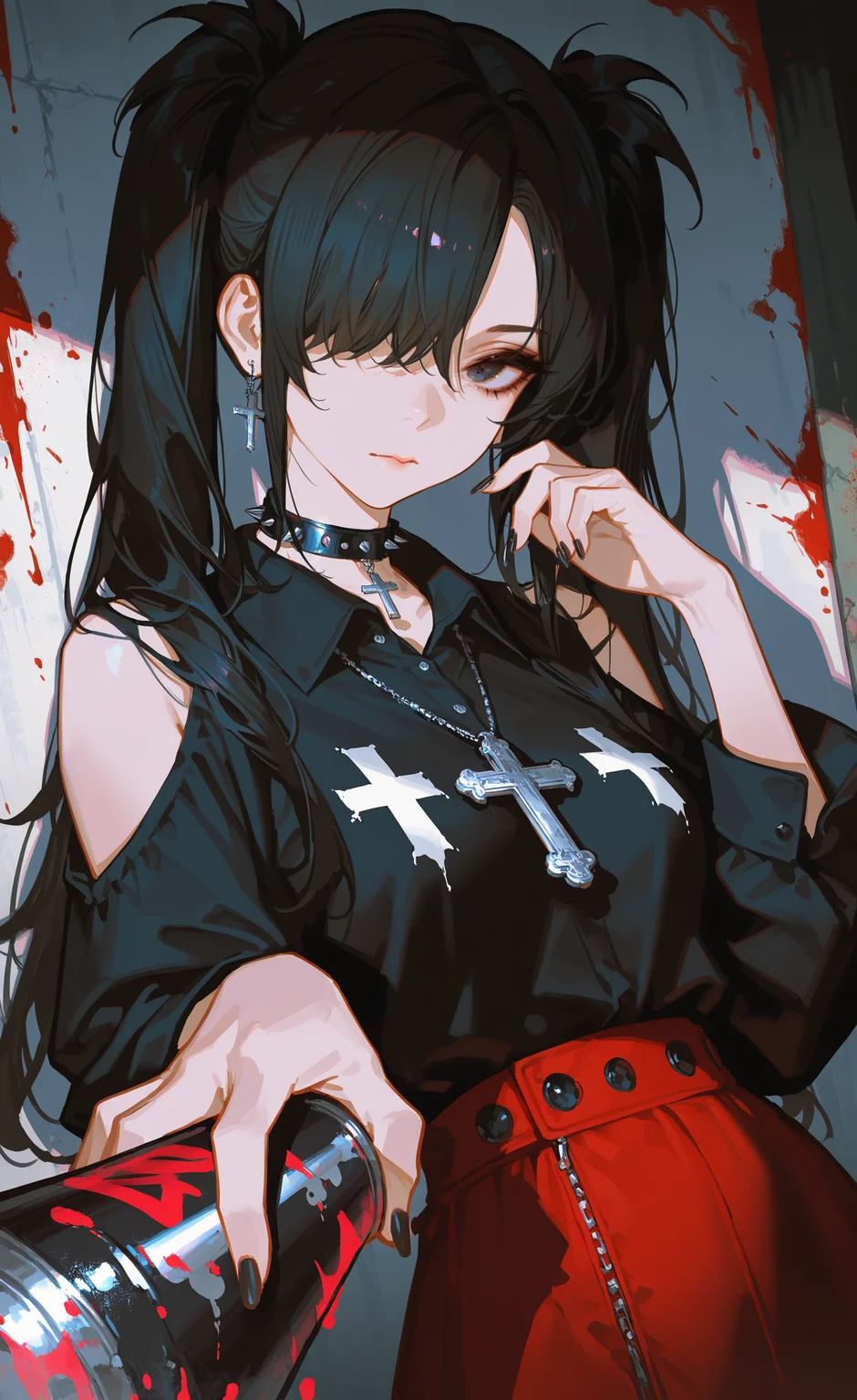 masterpiece, best quality, Good quality, very aesthetic, absurdres, newest,1girl, black choker, black hair, black nails, black shirt, letter print, choker, clothing cutout, collared shirt, cross, cross necklace, hair over one eye, holding Hand spray paint, jewelry, long hair, nail polish, necklace, pink blood, red skirt, shirt, shoulder cutout, skirt, solo, spiked choker, spikes, twintails, <lora:ponyv4_noob1_2_adamW-000017:0.7> <lora:USNR_STYLE_XL_lokr:0.8> <lora:EtherSDXL:0.15>