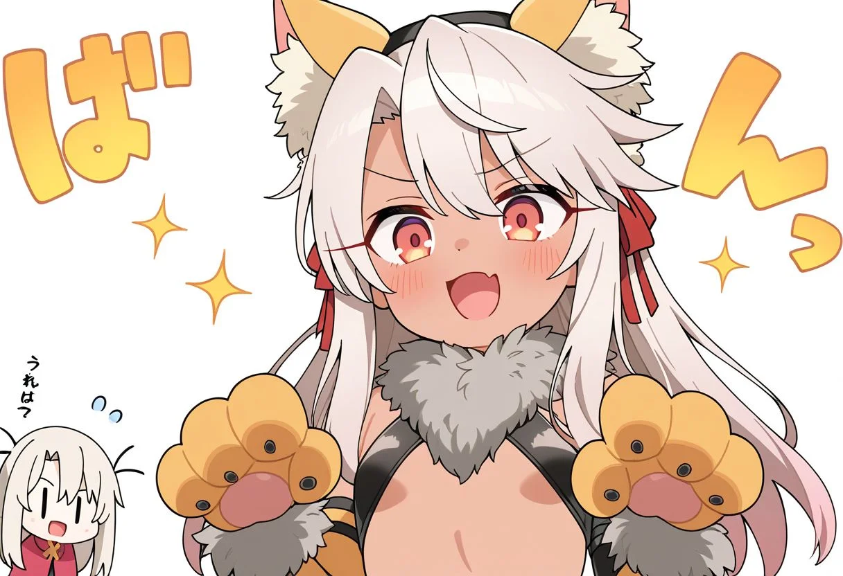 2girls,illyasviel von einzbern \(beast style\),chloe von einzbern \(beast style\),chibi,|_|,open mouth,
masterpiece,best quality,good quality,newest,