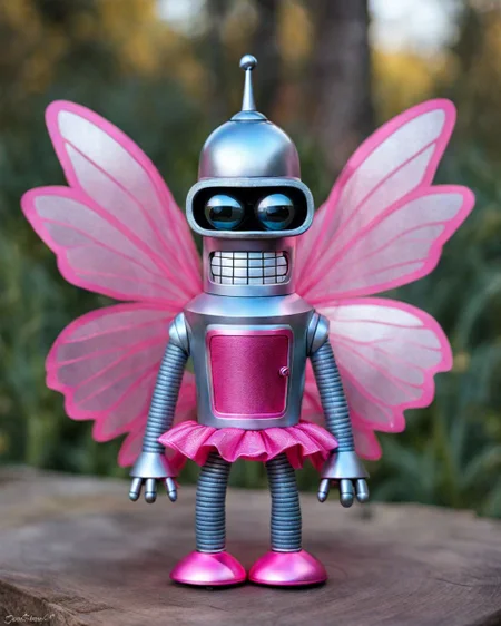 A FairyForm benderbot made of reflective shiny metal in a pink tutu dress <lora:SDXL_Fairy_Form_LoRA:0.8> <lora:SDXL-benderbot-Lora:1>