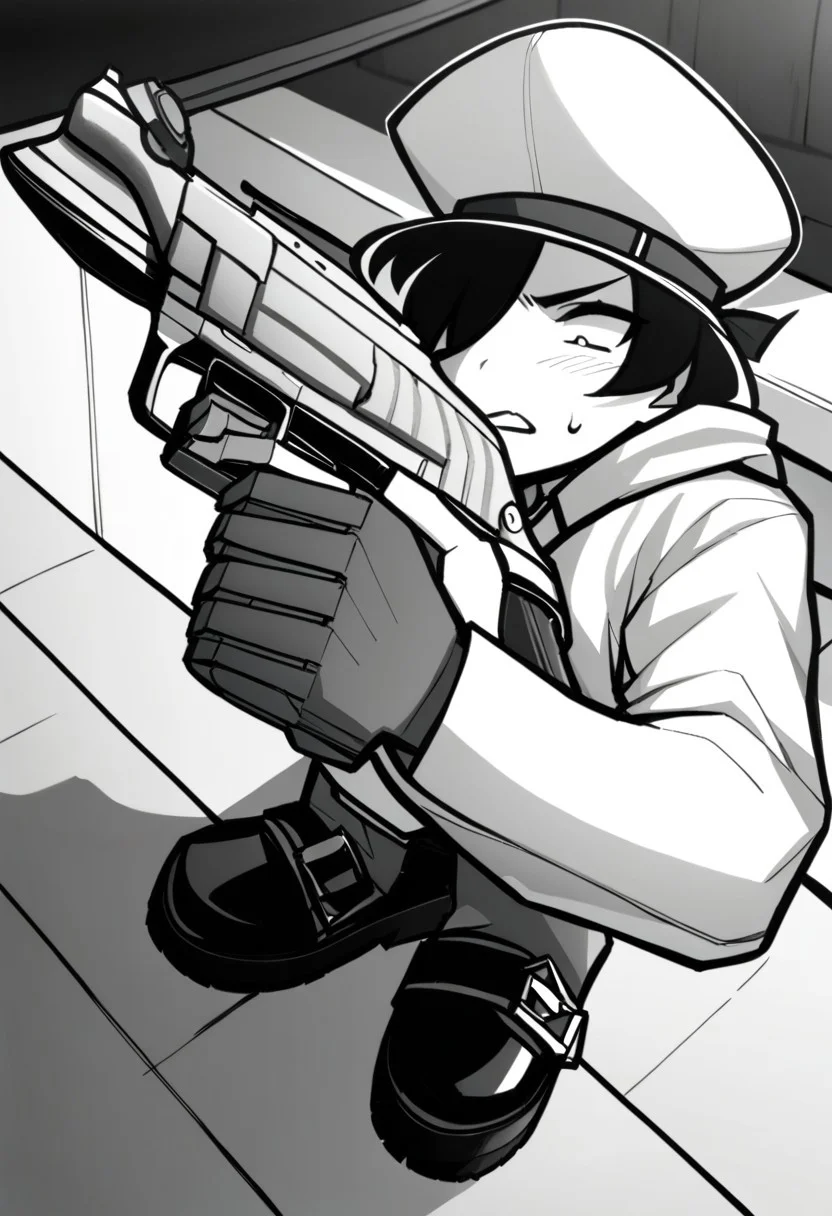 masterpiece, best quality, LITERALHAT'S MONOCHROME ART, 1girl, 1boy, hat, weapon, greyscale, boots, gun, handgun, revolver