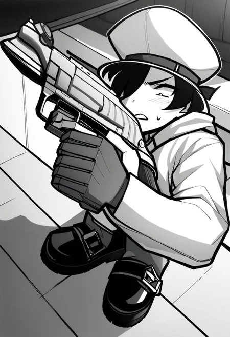masterpiece, best quality, LITERALHAT'S MONOCHROME ART, 1girl, 1boy, hat, weapon, greyscale, boots, gun, handgun, revolver