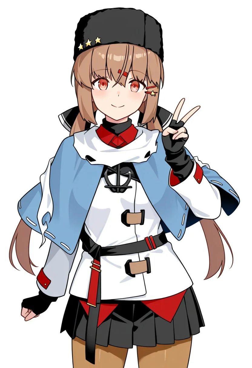 (tashkent \(kancolle\), brown eyes, brown hair, sidelocks, hair bow, hairclip, low twintails, hair ornament, hat, star hair ornament), (black headwear, black bow, fur hat, torn scarf, white scarf, anchor necklace, blue shawl, untucked shirt, white jacket, ribbon trim, black gloves, fingerless gloves, black skirt, black belt, brown pantyhose), (standing, V sign, peace sign, looking at viewer), simple background, white background, cute, pretty, BREAK (score 9, score 8 up, score 7 up, source anime), (score_9, score_8 up, score_7 up, source_anime), (masterpiece, best quality, high quality, absurdres, absolutely resolution, incredibly absurdres, high res image, 8K),