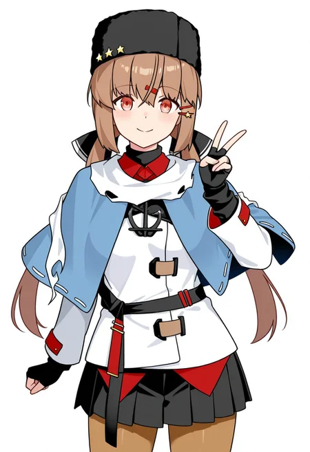 (tashkent \(kancolle\), brown eyes, brown hair, sidelocks, hair bow, hairclip, low twintails, hair ornament, hat, star hair ornament), (black headwear, black bow, fur hat, torn scarf, white scarf, anchor necklace, blue shawl, untucked shirt, white jacket, ribbon trim, black gloves, fingerless gloves, black skirt, black belt, brown pantyhose), (standing, V sign, peace sign, looking at viewer), simple background, white background, cute, pretty, BREAK (score 9, score 8 up, score 7 up, source anime), (score_9, score_8 up, score_7 up, source_anime), (masterpiece, best quality, high quality, absurdres, absolutely resolution, incredibly absurdres, high res image, 8K),