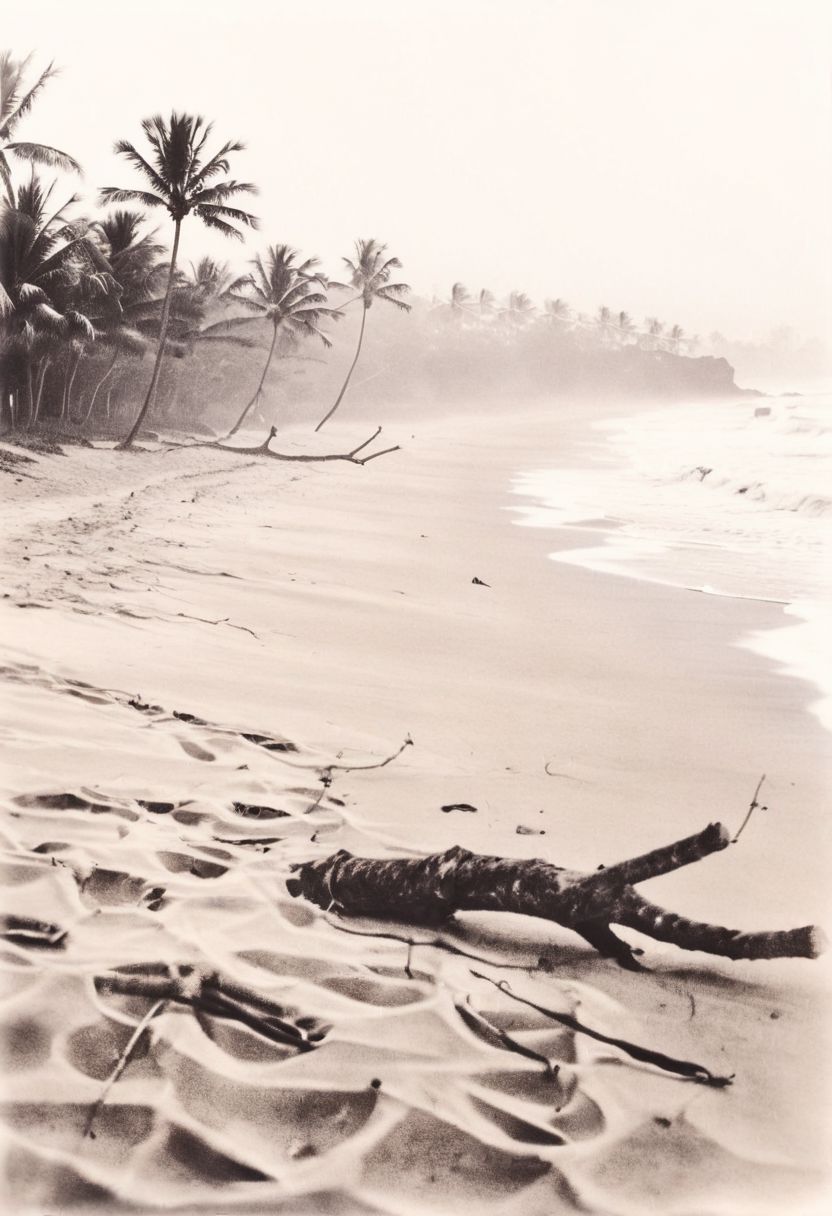 lith_orwo_dokumentenpapier_D,instagram photo, a foggy beach in sri lanka, hard shadows, film grain