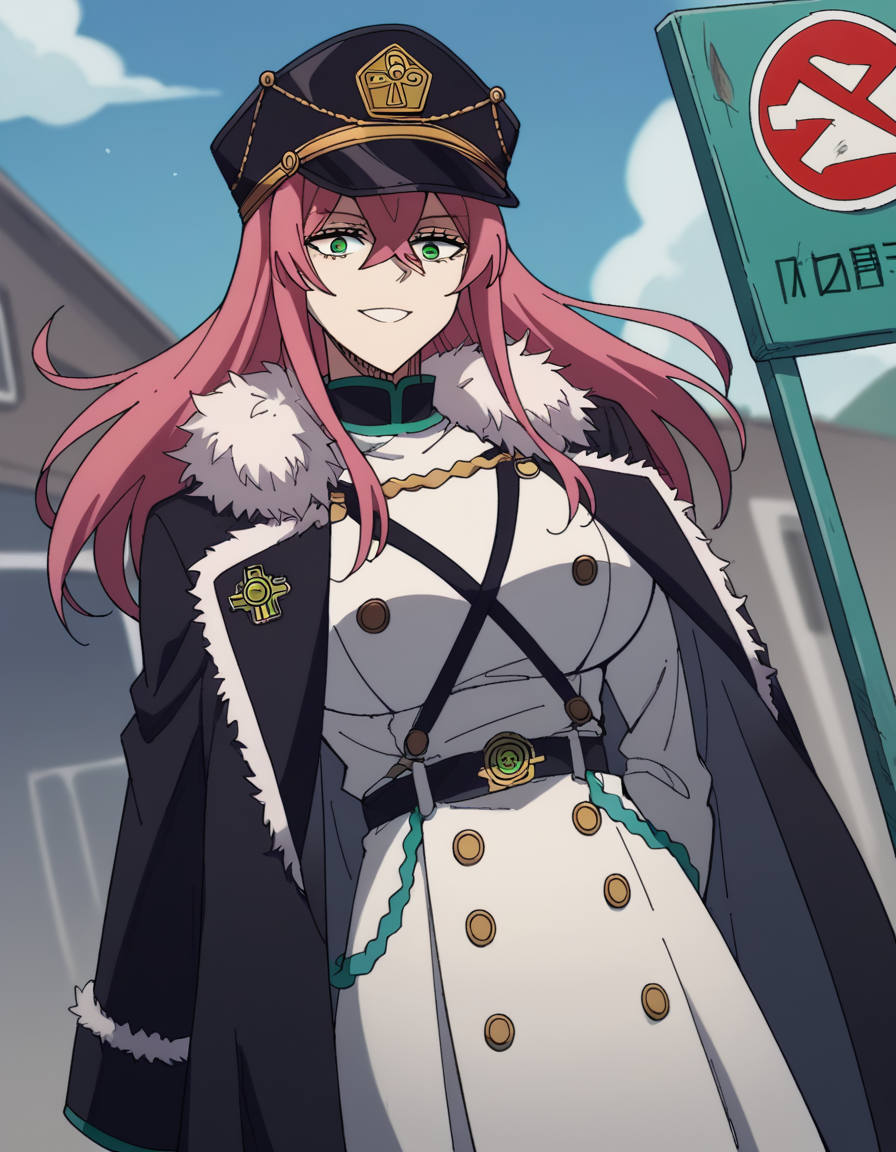 score_9, score_8_up, score_7_up, source_anime, <lora:princia-funnybunny-movie-ponyxl-lora-nochekaiser_r1:1>, princia funnybunny, long hair, green eyes, pink hair, red hair, crossed bangs, sidelocks, hat, jacket, belt, uniform, fur trim, military, military uniform, peaked cap, large breasts,, bus stop, waiting, commuter, smartphone, checking time, cold morning, smile, v, v over eyes,, looking at viewer, solo,, dutch angle, cowboy shot