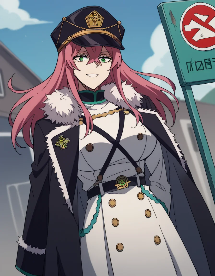 score_9, score_8_up, score_7_up, source_anime, <lora:princia-funnybunny-movie-ponyxl-lora-nochekaiser_r1:1>, princia funnybunny, long hair, green eyes, pink hair, red hair, crossed bangs, sidelocks, hat, jacket, belt, uniform, fur trim, military, military uniform, peaked cap, large breasts,, bus stop, waiting, commuter, smartphone, checking time, cold morning, smile, v, v over eyes,, looking at viewer, solo,, dutch angle, cowboy shot