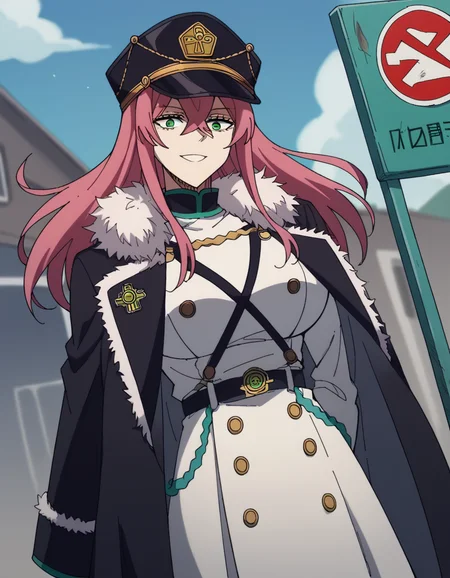 score_9, score_8_up, score_7_up, source_anime, <lora:princia-funnybunny-movie-ponyxl-lora-nochekaiser_r1:1>, princia funnybunny, long hair, green eyes, pink hair, red hair, crossed bangs, sidelocks, hat, jacket, belt, uniform, fur trim, military, military uniform, peaked cap, large breasts,, bus stop, waiting, commuter, smartphone, checking time, cold morning, smile, v, v over eyes,, looking at viewer, solo,, dutch angle, cowboy shot