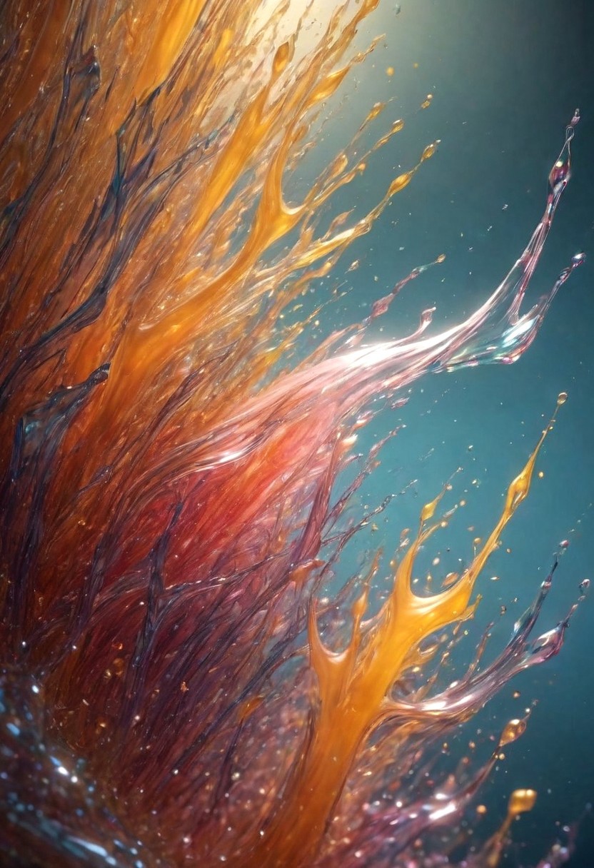 An abstract shape, amazingly fluid, made of glass, detailed, 3d fractals, light particles, water drops, shimmering light, surreal, ink, smooth, shimmering, glow, cinematice contrast, Glow, 16k, crystal clear, colorful, backlight,