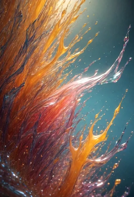 An abstract shape, amazingly fluid, made of glass, detailed, 3d fractals, light particles, water drops, shimmering light, surreal, ink, smooth, shimmering, glow, cinematice contrast, Glow, 16k, crystal clear, colorful, backlight,
