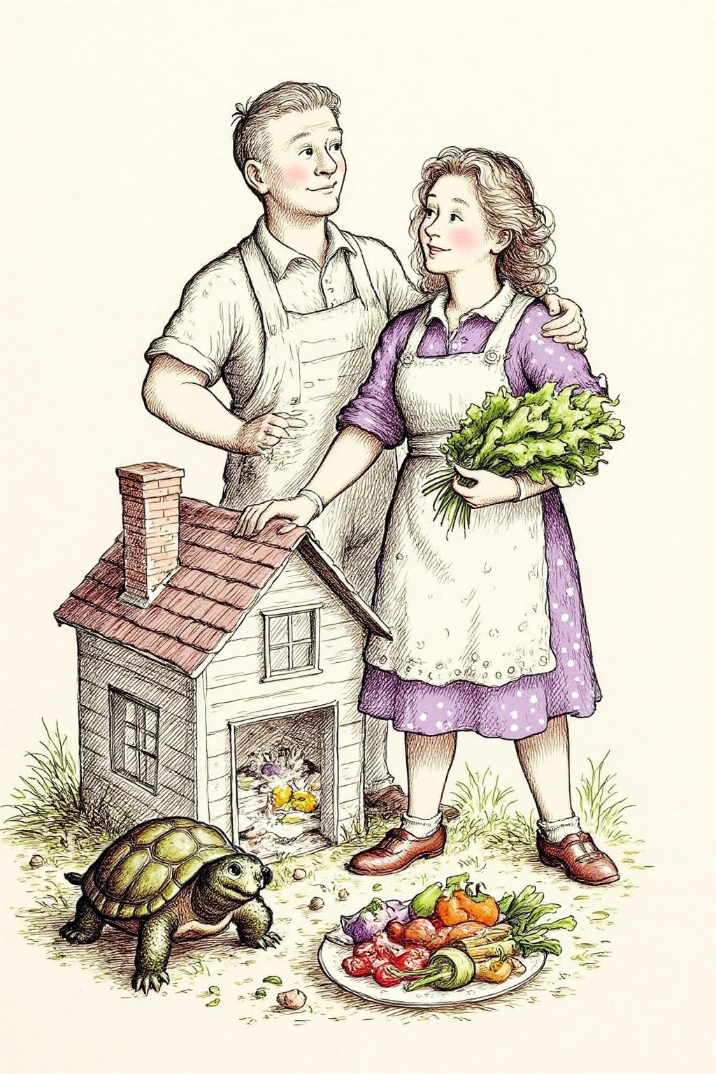 gawi1 illustration.
qub1 . A woman and a man standing beside a miniature house with a chimney. The woman, with blonde, curly hair and wearing a purple dress and an apron with white polka dots, is holding a green leafy vegetable in her hand. There is a turtle in front of the miniature house. It is eating from a plate with vegetables.  <lora:gawi1_cap_d6a3e12:1.0><lora:827364371127831030:0>