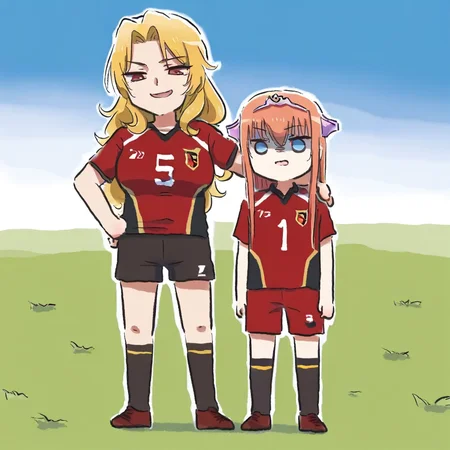 masterpiece, amazing quality, 2girls, MayaCordelia, AliciaViewstream, standing, side by side, hand on own hip, arm around shoulder, (evil smile:1.1), looking down, tiara, outdoors, short sleeves, soccer uniform, shorts, grass, xinzoruo, chibi, full body, outdoors, <lora:Maya&Alicia-ilxl:0.5>, <lora:XinzoruoStyle2_AnimagineXLv3:0.5>