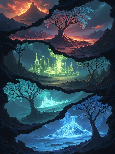 newfantasycore.
Create an image split into 5 shattered fragments, like pieces of a broken mirror, each depicting a different world. The first fragment shows a fiery desert, with blackened rocks and swirling ash storms. The second fragment reveals an enchanted forest, where glowing bioluminescent trees tower over the misty ground. The third fragment is an underwater city, ancient and ghostly, with glowing seaweed and crumbling structures. The fourth fragment portrays a post-apocalyptic wasteland, with ruined cities and mutated creatures lurking in the dust. The fifth fragment is a frozen wasteland, with jagged ice mountains and eerie northern lights illuminating the cold, empty space. Each piece should feel connected by glowing cracks or magical energy, with contrasting color schemes for each world.