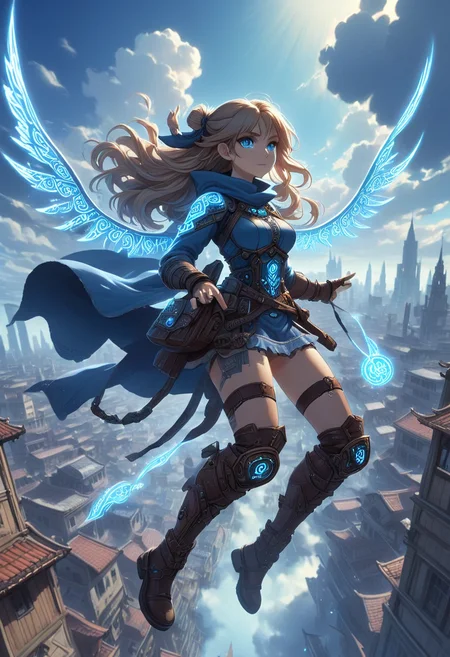 Glowing blue runes, a woman riding a flying rune machine in the sky over a city, anime