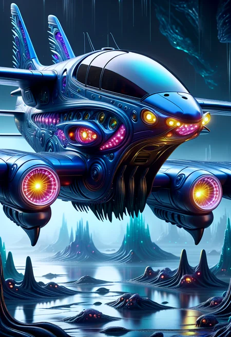 hyper detailed masterpiece, dynamic realistic digital art, awesome quality,DonMX3n0XL, amphibious aircraft,
hydrophobic glass, hazard lights,
painted brake calipers, ethereal crystal, muted,
metallic paint, fluffy cushioning, , organic xeno biology , eerie glow <lora:DonMX3n0XL-000008:0.8>