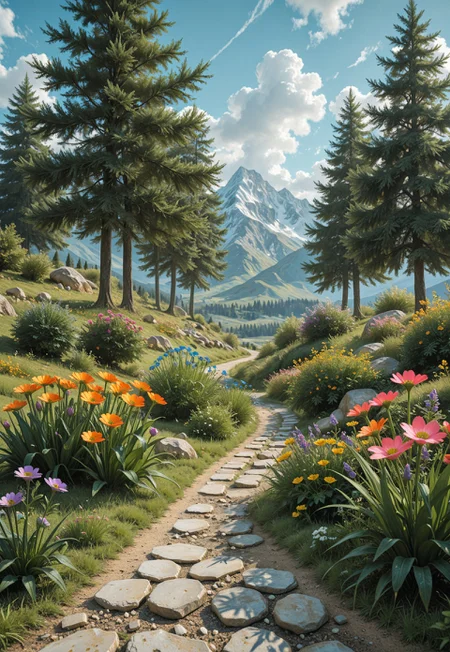 impressionism (1.5), perfect eyes, high detail, depth of field, (blurred background), (dramatic lighting),masterpiece, best quality,((asd123)),very aesthetic,8k, (( neon green-yellow)),
In this image we can see a few mountains, there are some trees, plants, flowers, rocks, grass, and the sky with clouds in the background.. ,
masterpiece, best quality, amazing quality, very aesthetic, perfect, eyes, grown, 24yo, (USNR), (r17329_illu)
,flower, outdoors, sky, day, cloud, blue_sky, tree, no_humans, white_flower, grass, cloudy_sky, plant, red_flower, scenery, nature, pink_flower, blue_flower, forest, yellow_flower, rock, purple_flower, mountain, bush, road, field, mountainous_horizon, orange_flower, landscape, path, meadow