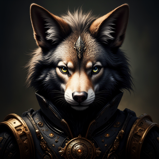 ominous background. The creature's face is a deep, warm brown, with intricate details in the fur texture and mane, almost black color with intricate, almost photo-realistic style, giving it a lifelike appearance. The wolf is dressed in a high-tech, anthropomorphic rabbit. The rabbit's face is intricately detailed with ornate, expressive green eyes and intricate