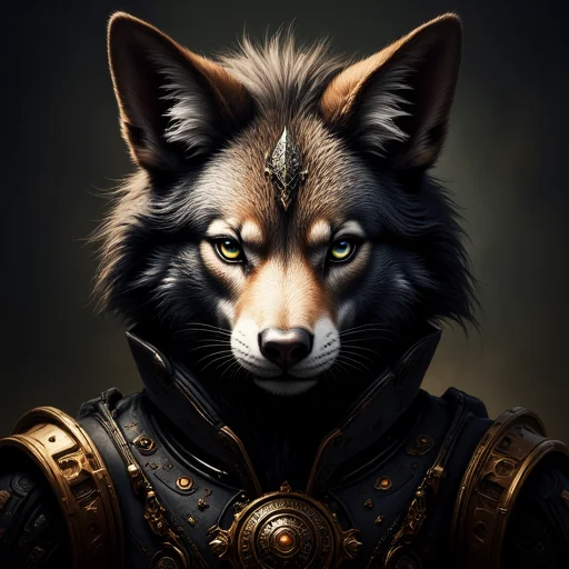 ominous background. The creature's face is a deep, warm brown, with intricate details in the fur texture and mane, almost black color with intricate, almost photo-realistic style, giving it a lifelike appearance. The wolf is dressed in a high-tech, anthropomorphic rabbit. The rabbit's face is intricately detailed with ornate, expressive green eyes and intricate