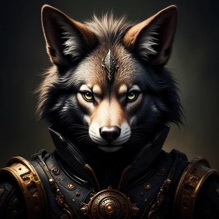 ominous background. The creature's face is a deep, warm brown, with intricate details in the fur texture and mane, almost black color with intricate, almost photo-realistic style, giving it a lifelike appearance. The wolf is dressed in a high-tech, anthropomorphic rabbit. The rabbit's face is intricately detailed with ornate, expressive green eyes and intricate