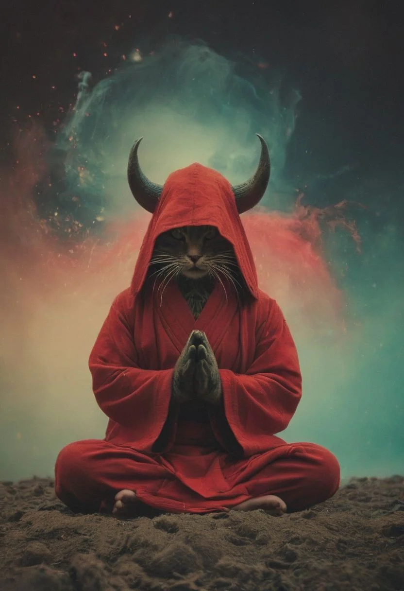 Capturing serenity amidst boundless solitude: a powerful image of a fluffy ninja cat with horned devil mask, draped in flowing feudal garb, large sedge-hat, meditating in lotus position upon an endless, sunless expanse. As she hovers, an aura emanates from her, growing in intensity as it extends beyond her Till it explodes in the far, reminiscent of expanding ripples of sound. The neon hues of her aura paint the air, a vivid testament to her inner strength and focus.
creating a surreal normal scene with translucent DARK Red and beige details, colorful (polaroid:0.7) with vibrant colors, (vacations, high resolution:1.3), (small, selective focus, european film:1.2), closeup