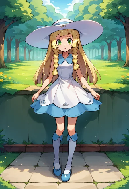 <lora:Lillie_PonyXL:1> 1lillie1, blonde hair, long hair, green eyes, 2default2, twin braids, white sunhat, white dress, sleeveless dress, kneehighs, blue footwear,, score_9, score_8_up, score_7_up, source_anime,