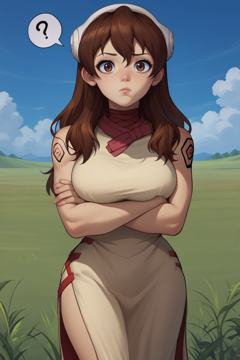 score_9, score_8_up, score_7_up, score_6_up, source_anime, BREAK 1girl, solo,  <lora:dsyuzu-pdxl-nvwls-v1-000005:1> dsyuzu, brown hair, headphones, long hair, red choker, beige dress, sleeveless, tattoo, side slit, big breasts, crossed arms, looking at you, thinking, spoken question mark, raised eyebrow, field, blue sky