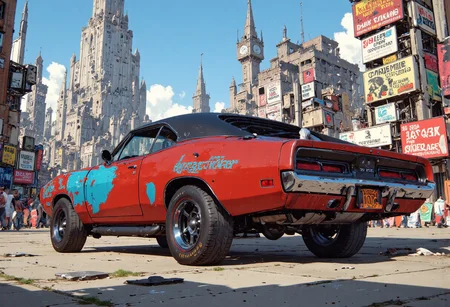 We see a parked cyberpunk styled 1970 Dodge Charger it is supercharged and has futuristic big wide wheels. In the distant we see a post apocalyptic ruined cyberpunk metropolis.