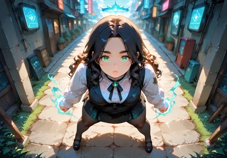 IllusP0s, PonyScores7, source_anime, ah1, IllustriousQual, interesting, exciting, spectacular, wonderful, 
BREAK <lora:xl_more_art-full_v1:0.2>, <lora:aesthetic_anime_v1s:0.2>, <lora:EpicF4nta5yXL:0.2>, <lora:detailxl:0.2>, detailxl, <lora:Fant5yP0ny:0.2>, amazing quality, best aesthetic, absurdres, illustration, Volumetric_Lighting, ultra-detailed, very aesthetic, intricate details, best_quality, <lora:Anime_Aesthetic_Wallpaper_StyleIllustriousXL:0.4>, aniwall,
BREAK ((Power Stance, Feet shoulder-width apart, fists clenched at the sides, chest forward, and head held high,)),
BREAK Stable_Yogis_PDXL_Positives, AS-Adult, <lora:Complicated fantasy portrait - XL Pony V2.0:0.2>, bad-hands-5, <lora:HDA_Detailer:0.3>, <lora:natsumi_style:0.5>, <lora:by_usakun-pony:0.4>, by usakun, <lora:Akina_Bbw_Style_-_PonyXL:0.2>, AkinBw, ((Unconventional Perspective shot)),
BREAK 1girl, mature female, (curvy), round-chin, caucasian, <lora:ETO_OC_Illustrius:0.5>, eto_oc, skindentation, (plump), thick thighs, wide hips, busty, voluptuous, <lora:venus body PonyXL:0.3>, <lora:shinyskin2:0.2>, glistening skin, HDA_FatGirlXL, 
BREAK ((<lora:Rainbow_Sherbet_Pony:0.8>, multicolored A high-collar lace blouse paired with a tiered cotton skirt and a velvet waistcoat, Add opaque nylon tights, platform Mary Janes, and a wide satin ribbon tied at the waist, Complete with a cameo brooch and a lace fan, rainbow sherbet style, rainbow colored)),
BREAK (curly hair), long hair, (black hair:1.4), (parted hair:1.7), messy hair, kinky curls, <lora:hairdetailpxl:0.2>, hairdetailpxl,
BREAK (half green and brown eyes), (colorful eyes), (multicolored eyes), (downturned eyes:1.4), <lora:expressive eyes:0.2>, expressive eyes, <lora:eyedetailpxl:0.2>, eyedetailpxl, <lora:Eyes_High_Definition:0.2>, EyesHD, (round face:1.2), (thick eyebrows:1.3), (plump face), <lora:Round_face:0.2>, lips, 
BREAK ((wide-eyed expression)), <lora:Expressive_H:0.2>, Expressiveh, <lora:Emotional_Anime_Expressions_PonyXL_Concept:0.2>, emotional, <lora:Best_Facial_Expression_LoRA_PONY:0.2>, looking at viewer, <lora:Detailed expressive EXEV style -XL Pony V1.0:0.2>, FaceDetail, <lora:Best_Facial_Expression_Helper_XTREME_ILLU:0.4>, kaogei,
BREAK (((neon_lights, mystical_devices, digital_symbols, holographic, glowing runes, energy generator, flying around))), <lora:Background Detailer - SDXL:0.8>, 4k, 8k, Ultra HD, Masterpiece, Best quality, Detailed background, <lora:Add_more_details_V2_XLpony:0.4>, full_details,