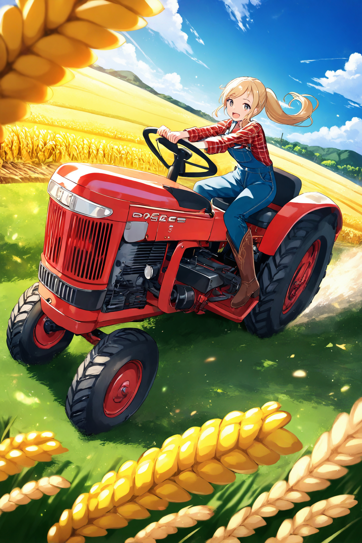 1girl, farm girl, blonde hair, ponytail, overalls, plaid shirt, cowboy boots, smiling, looking at viewer, tractor, driving, fields, countryside, sunny day, blue sky, green fields, wheat, corn BREAK medium shot, dynamic pose, rural landscape, warm lighting, shallow depth of field, masterpiece, best quality, absurdres