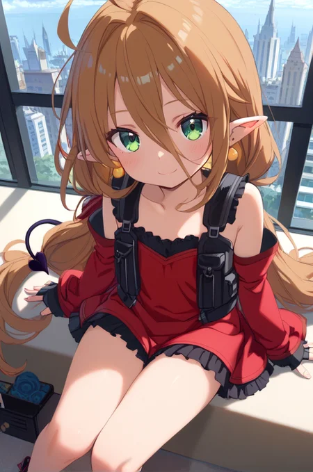 <lora:HandFineTuning_XL:1>
score_9, score_8_up, score_7_up, source_anime, masterpiece,best_quality,
BREAK,
cityscape,
cowboy shot, upperbody, flat chest,
BREAK,
hands on chin, looking at viewer, from above, light smile, sitting, blush,
BREAK,
<lora:kyonfeulion_autismConfetti_v01:1>
pointy ears, brown hair, green eyes, very long hair, low tied hair, yellow earrings, ahoge, hair between eyes,
short dress, red dress, detached sleeves, black vest, black frills, fingerless gloves, demon tail
black footwear,, zPDXL