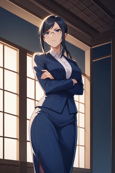 score_9, score_8_up, score_7_up, source_anime, 1girl, prefect lighting, very aesthetic, intricate details, highly detailed background, masterpiece, high quality, prefect hands, best quality, solo,
<lora:Ayako_Takamine_Toshoshitsu_no_Kanojo_V1:.85>, black hair, dark blue eyes, glasses, ponytail, swept bangs, mature female, long hair,
white collared shirt, blue suit jacket, blue miniskirt, light tan pantyhose,
from below, crossed arms, serious,
night, nighttime, east asian architecture, dark room, bedroom, traditional bedroom, window, wooden floor, dimly lit,
(Beautiful, medium Breasts:1.2), natural breasts,