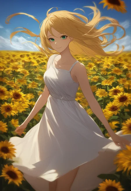 score_8_up, source_anime, woman, sunflower field, green eyes, blonde, white sundress, rating_safe, blue sky, day, wind, looking at viewer, smile, closed mouth,
<lora:DarkerThanDarkV1:0.5>