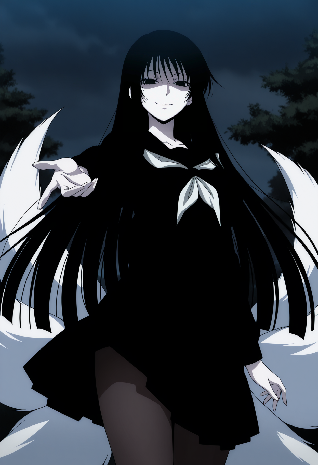 1girl,solo,mm,mature female,pale skin,black hair,long hair,black eyes,large breasts,anime coloring,
black serafuku,school uniform,pantyhose,fox tail,multiple tails,looking at viewer, outstretched arm, smile,outdoors
,masterpiece,best quality,amazing quality,<lora:Hagoromo_Gitsune-Nurarihyon_no_Mago_r2:0.8>