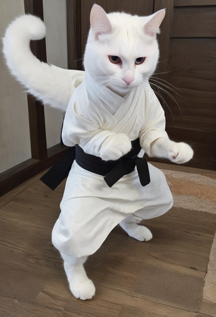 GrubCat, (white cat dressed like a ninja), wearing black ninja suit, wearing black ninja mask, ninja cat, heterochromia, fighting pose, enhanced textures, creative, beautiful, vibrant, masterpiece, 8k, Ultra HD, amazing details, amazing quality, amazing artist, sharp edges, detailed textures, full view, atmospheric lighting, amazing visuals