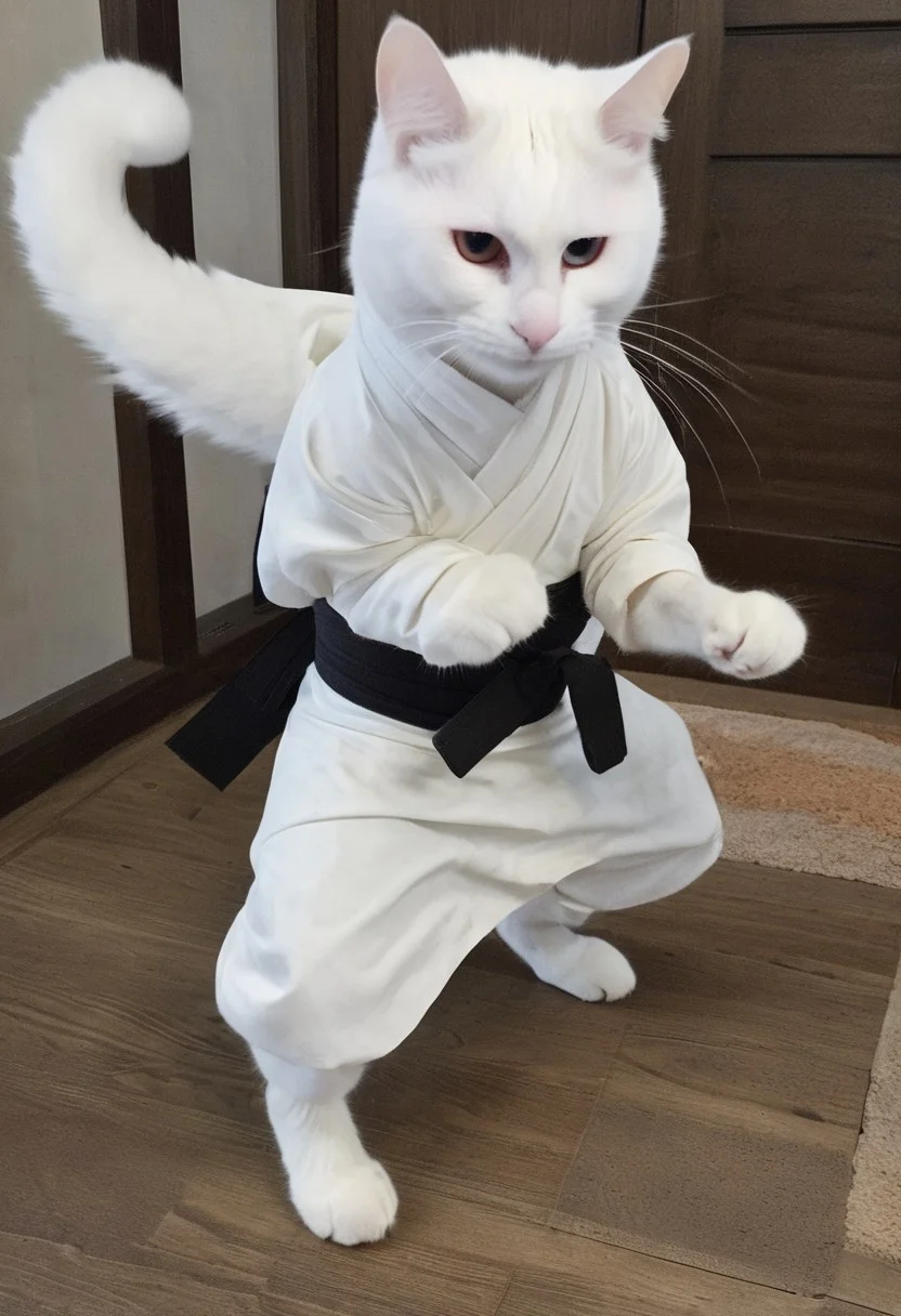GrubCat, (white cat dressed like a ninja), wearing black ninja suit, wearing black ninja mask, ninja cat, heterochromia, fighting pose, enhanced textures, creative, beautiful, vibrant, masterpiece, 8k, Ultra HD, amazing details, amazing quality, amazing artist, sharp edges, detailed textures, full view, atmospheric lighting, amazing visuals