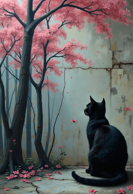 A cat painting sakura trees on a cracked concrete wall, each one toward a painted forest, cinematic romanticism, dark surrealism, gothic atmosphere, vintage fashion, haunting narrative, dreamlike environments, crumbling interiors, surreal symbolism, emotional tension, dramatic lighting, romantic noir, expressive textures, abandoned architecture, moody color palette, isolated figures, psychological ambiguity, mysterious elegance, painterly realism, narrative surrealism, melancholic stillness