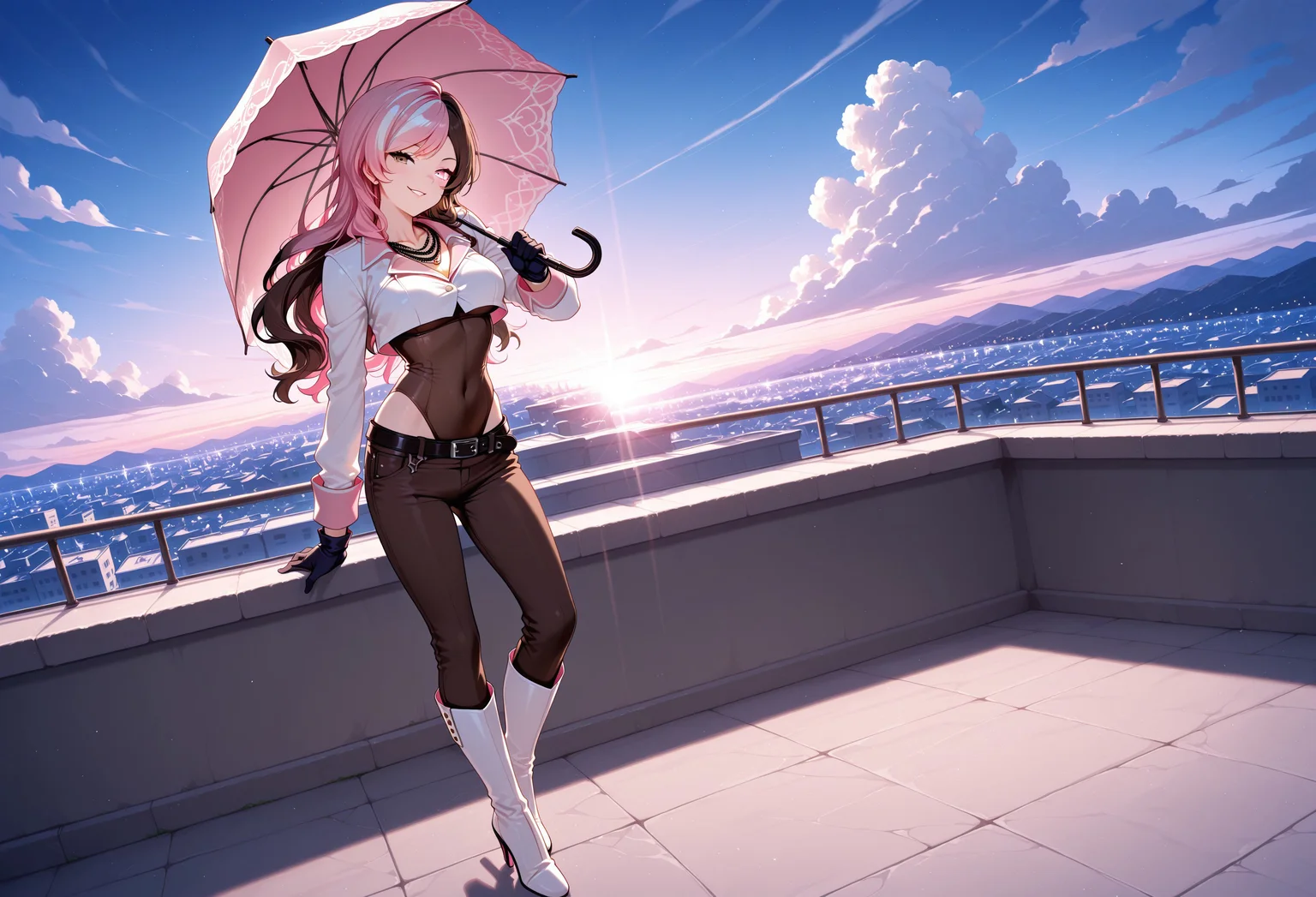 masterpiece, masterpiece, best quality, amazing quality, very aesthetic, high resolution, absurdres, solo, 1girl, full body, looking at viewer,
BREAK
girl, RNeo, split-color hair, long hair, brown hair, pink hair, two-tone hair, heterochromia, pink left eye, brown right eye, necklace, gloves, belt, cropped jacket, long sleeves, brown leotard, brown pants, white boots, high heels, holding parasol, playful smirk
BREAK
standing, rooftop, at dusk, dramatic anime lighting