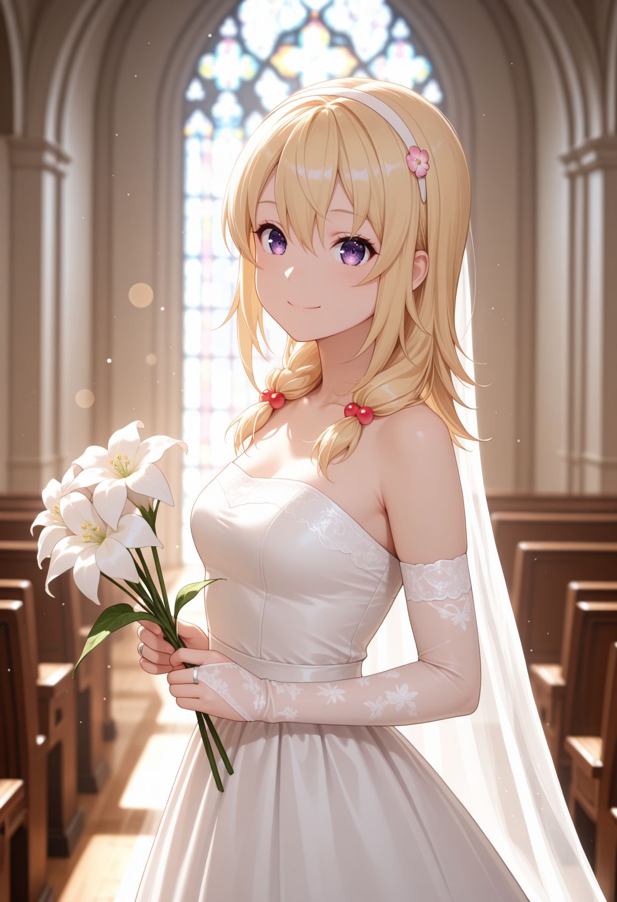 masterpiece,best quality,absurdres,highres,very aesthetic,high quality,detailed,insanely detailed,beautiful,perfect lighting, ,depth of field,blurry background,bokeh, looking at viewer, 
<lora:Reo Wakasa illu:1> 1girl, blonde hair, purple eyes, hair ornament, hairband, long hair, hair bobbles, 
dress, bridal gauntlets, strapless dress, wedding dress, white dress, simple background, indoor, church, holding flower, smile