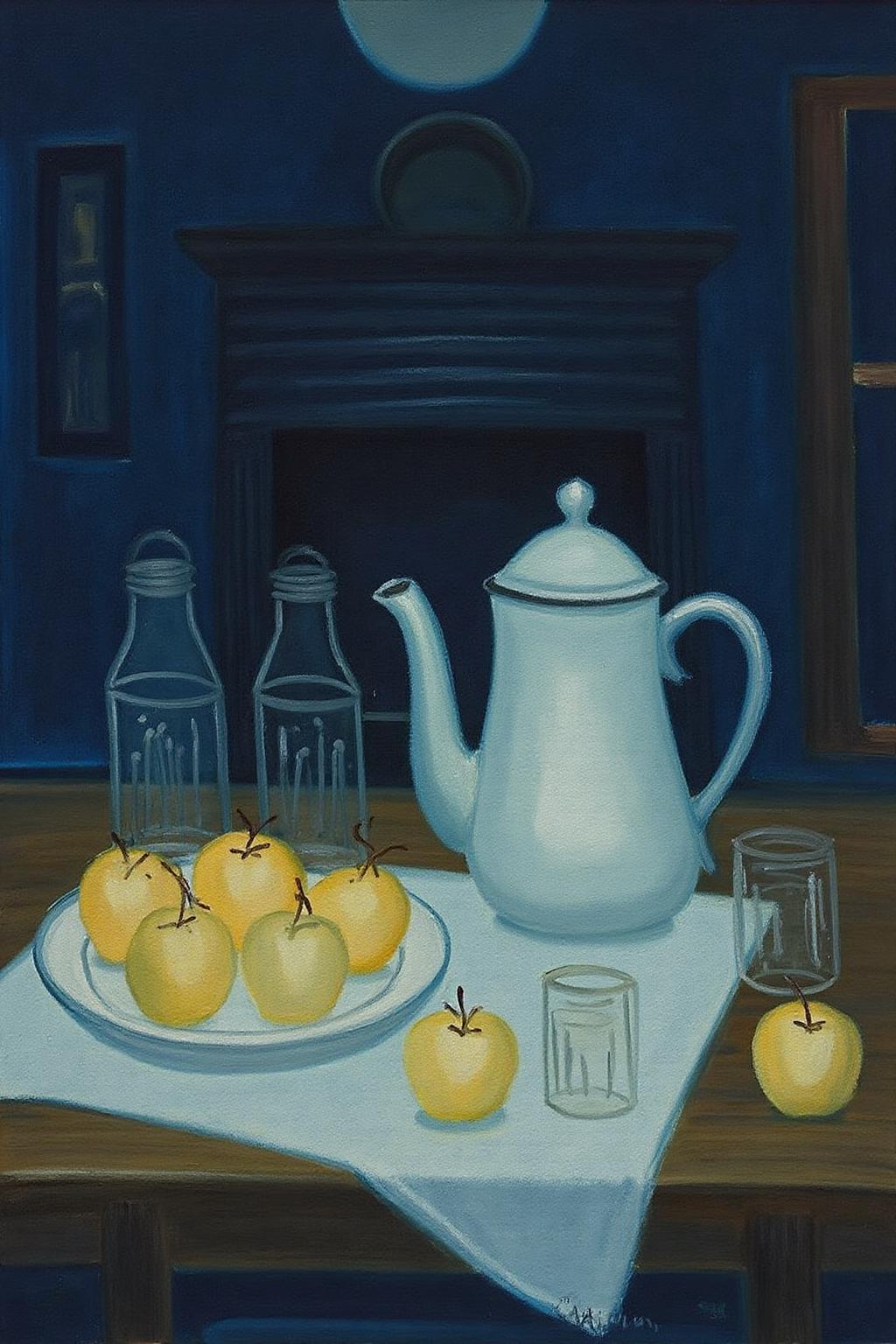 mawo1 painting.
A painting created in an impressionistic style. pau1cez painting. 
A still life arrangement on a wooden table in a dimly lit room. The central focus is a white ceramic teapot with a lid and a white plate filled with several golden-yellow apples. There is a white towel under the plate. There are also two jars. 
 <lora:mawo1_cap_d6a3e12:1.0><lora:821398425330415307:0>