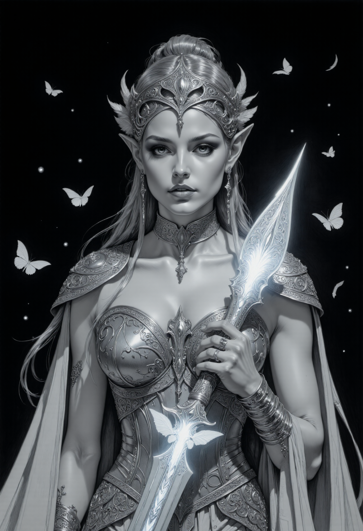 This is a high quality monochrome pencil drawing in a fantasy art style, depicting a female elf warrior with a fair complexion and pointed ears. She has an ethereal beauty with a delicate face framed by an highly intricate crown of metal and feathers. Her attire is ornate, featuring a flowing  cape and a highly elegant metallic armor that glimmers under the soft, diffused lighting. She holds a radiant, glowing sword with intricate designs, its light illuminating her determined expression. The background is dark  with floating, glowing leaves and butterflies and scattered feathers, adding a mystical atmosphere. The image is rich in detail and has a very high aesthetic quality. The camera angle is slightly low and from the side, emphasizing her regal stature and the grandeur of her attire.
<lora:arti_monopencildrawing_v01:0.8>  <lora:sameface2:-0.5> woman  <lora:artisketchyfs-v02:0.4>  <lora:FluxMythP0rtr4itStyle:0.3> mythp0rt