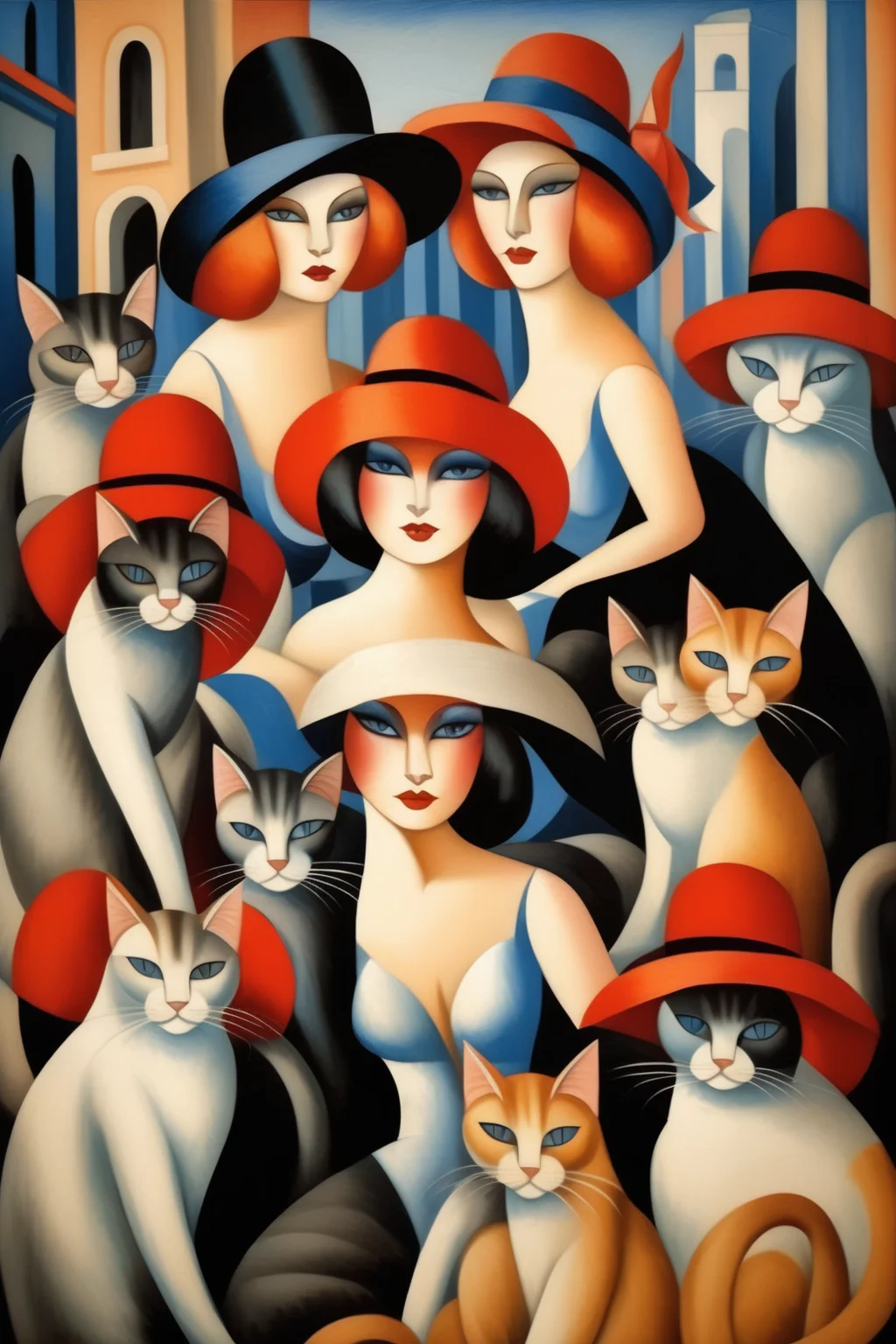 <lora:Jean Metzinger Style:1>Jean Metzinger Style - many siberian cats on a italian city in the style of Tamara de Lempicka. Women applausing with beautiful hats. I can't believe how beautiful this is.