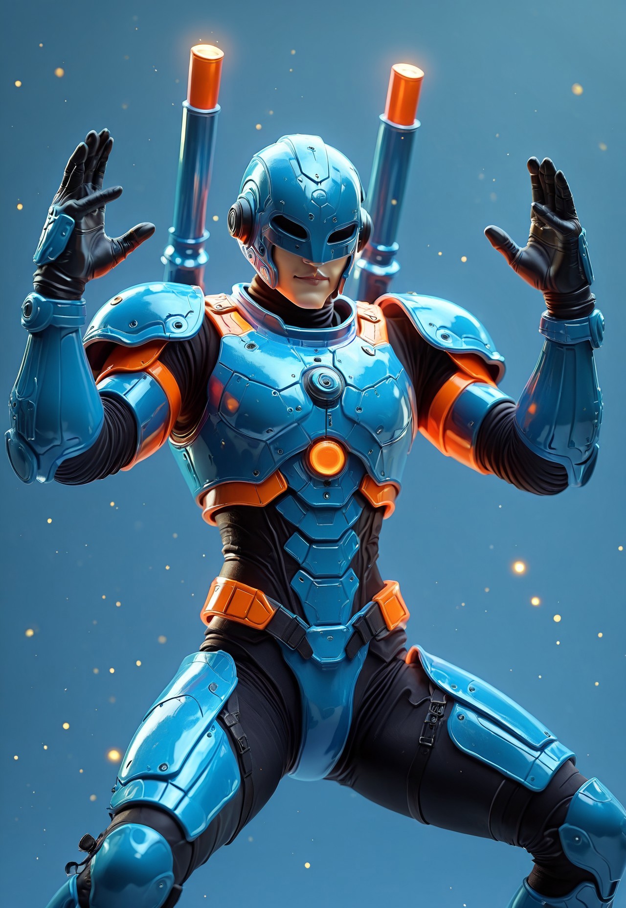 (masterpiece, best quality),very aesthetic,absurdres,amazing quality,highres,newest, hdr,8k,ultra-detailed,official art,anime style,very aesthetic, detailed illustration,luminous contrast,(bright colors),(vivid colors:1.2), very aesthetic,8k, realistic, masterpiece, best quality, depth of field, absurdres, hyper-detailed, very aesthetic, very awa, very awa, sfw, rating:safe,  Bioluminescent, blue armor, orange armor accents, glossy armor surface, armored chestplate, circular chest detail, symmetrical chest design, black bodysuit under armor, mechanical shoulder pads, high-tech gauntlets, segmented arm armor, reinforced leg armor, black gloves, orange shoulder vents, dual shoulder cannons, upward-facing cannons, orange cannon tips, futuristic helmet, open lower face helmet, exposed mouth and chin, visible lips, strong jawline, neck guard, partial faceplate, closed visor with cutout, black visor, reinforced knee plates, belt with orange elements, sci-fi armor design, detailed panel lines, modular armor structure,Turricanhero, BrenMcGuire, turricanBrenMcGuire, bioluminescent, glowing, light particles, red hue, blue hue, green hue, yellow hue, badass pose, action pose,


