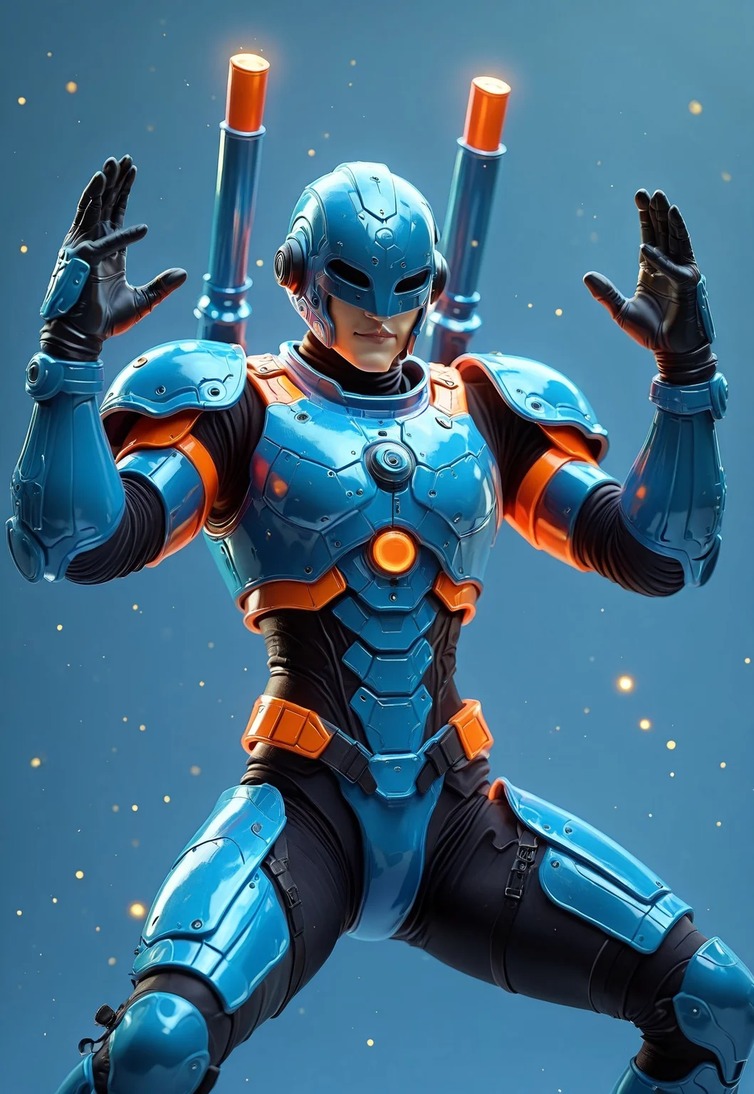 (masterpiece, best quality),very aesthetic,absurdres,amazing quality,highres,newest, hdr,8k,ultra-detailed,official art,anime style,very aesthetic, detailed illustration,luminous contrast,(bright colors),(vivid colors:1.2), very aesthetic,8k, realistic, masterpiece, best quality, depth of field, absurdres, hyper-detailed, very aesthetic, very awa, very awa, sfw, rating:safe,  Bioluminescent, blue armor, orange armor accents, glossy armor surface, armored chestplate, circular chest detail, symmetrical chest design, black bodysuit under armor, mechanical shoulder pads, high-tech gauntlets, segmented arm armor, reinforced leg armor, black gloves, orange shoulder vents, dual shoulder cannons, upward-facing cannons, orange cannon tips, futuristic helmet, open lower face helmet, exposed mouth and chin, visible lips, strong jawline, neck guard, partial faceplate, closed visor with cutout, black visor, reinforced knee plates, belt with orange elements, sci-fi armor design, detailed panel lines, modular armor structure,Turricanhero, BrenMcGuire, turricanBrenMcGuire, bioluminescent, glowing, light particles, red hue, blue hue, green hue, yellow hue, badass pose, action pose,


